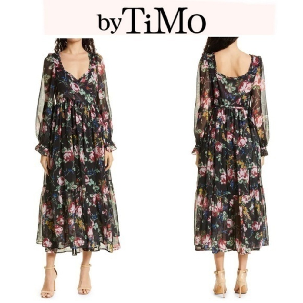 BYTIMO Floral Wrap Bodice Long Sleeve Chiffon Dress sz L NWT 495$